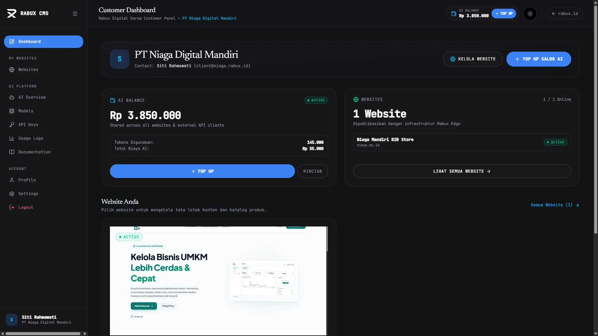 Antarmuka Customer Dashboard Rabux CMS Center untuk pengelolaan website dan produk